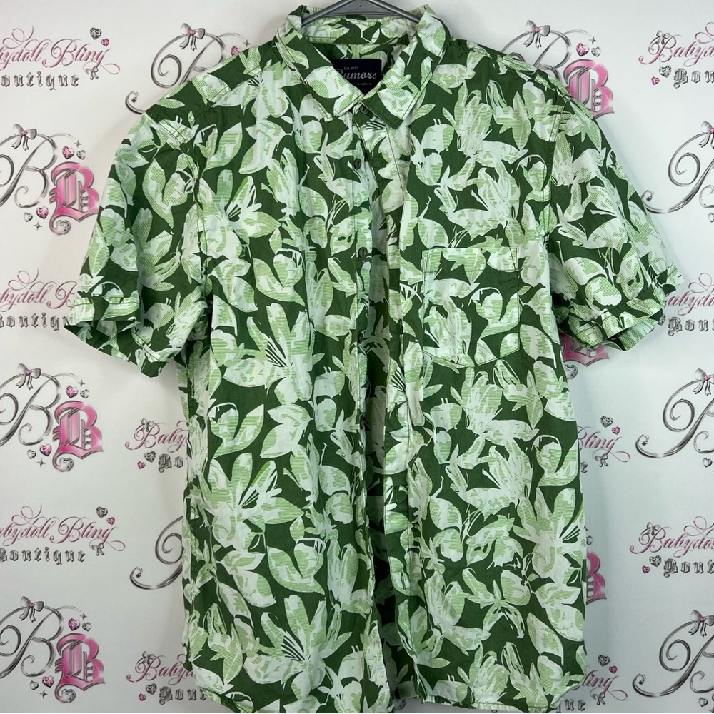 Rumors tshirt tee tropical floral  button Men's Green Leaf Print Casual Shirt